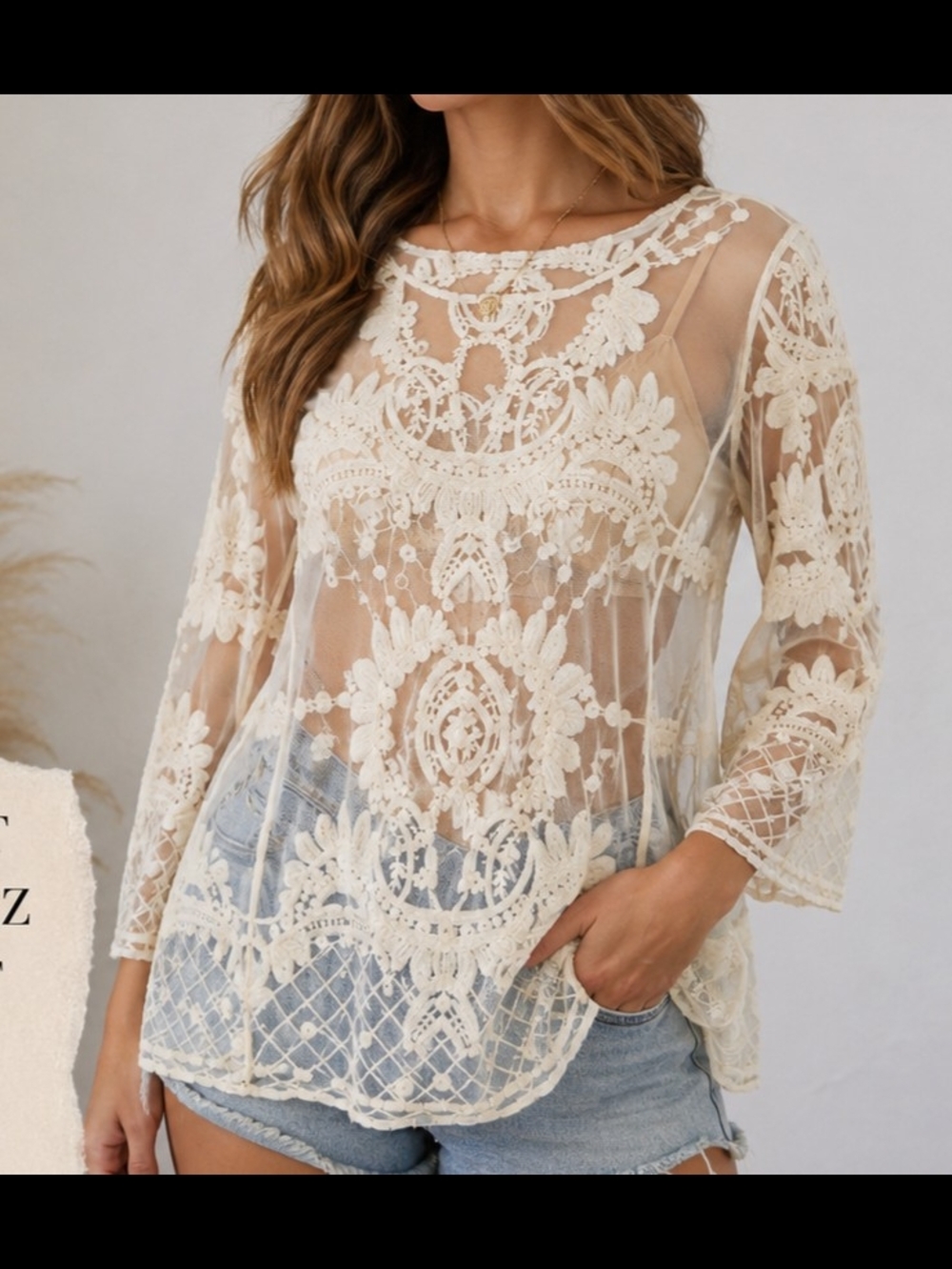 Saint Tropez West Ivory Lace Mesh Boho Kimono Top Sheer Crochet Overlay Size M